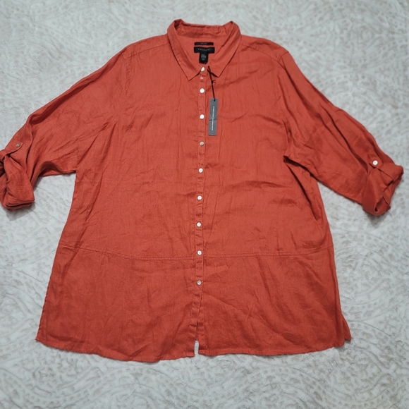 Tahari  Roll-Tab Sleeve Button Down Tunic Top Women’s Size 3X 100%Linen Orange - Picture 3 of 16